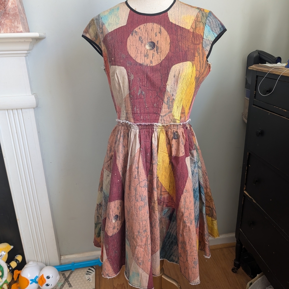 Red and Yellow Casual A-Line Midi Dress with Cap Sleeves